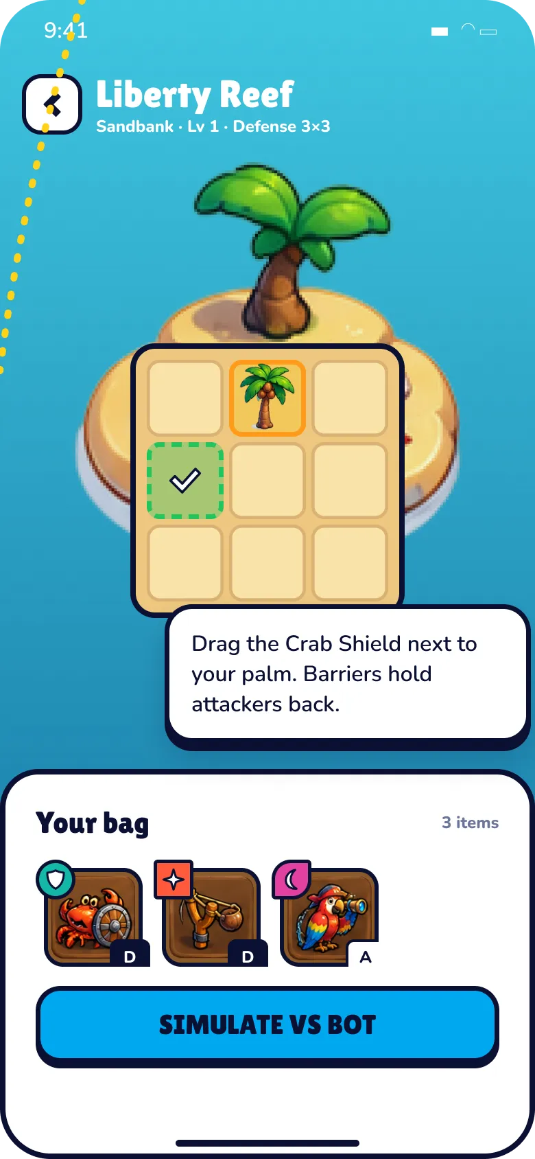 Atlas Rush screen A12 · First defense + simulate