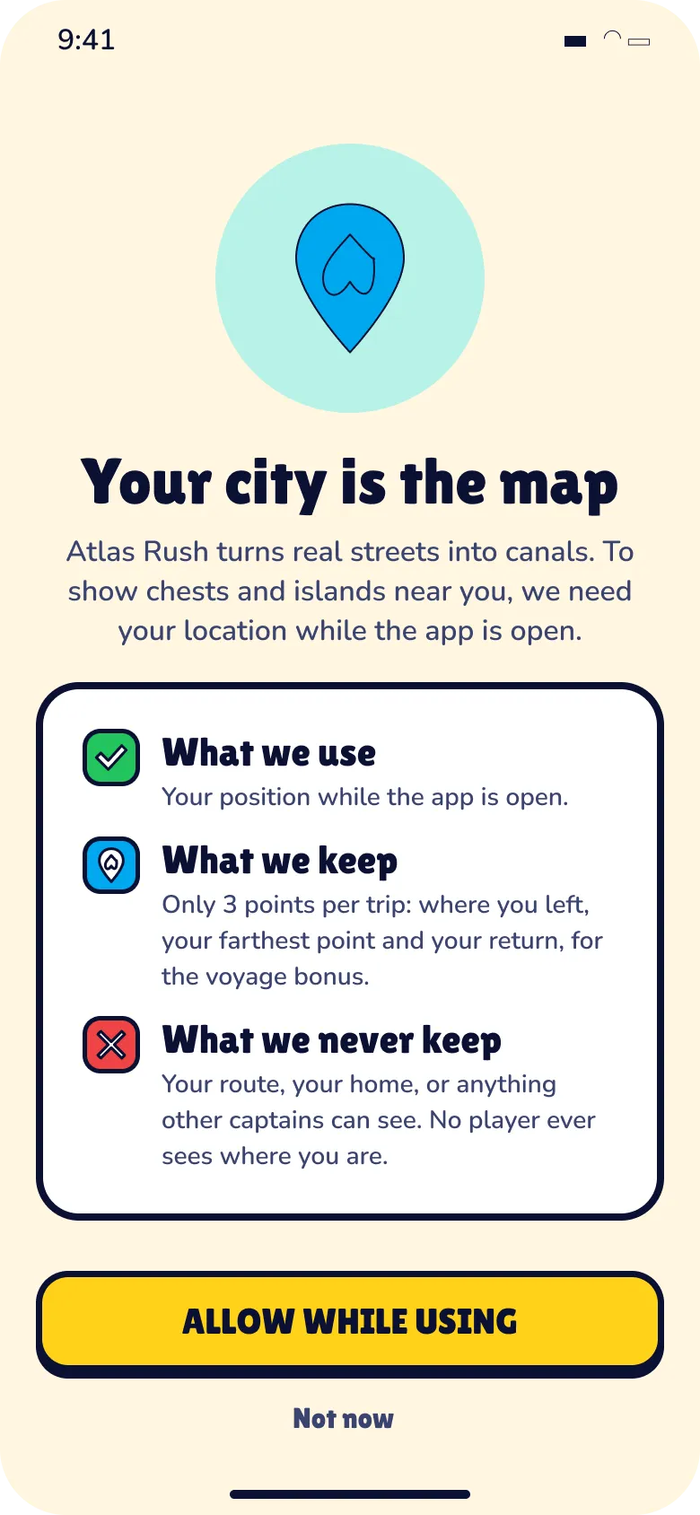 Atlas Rush screen A5 · Location pre-permission