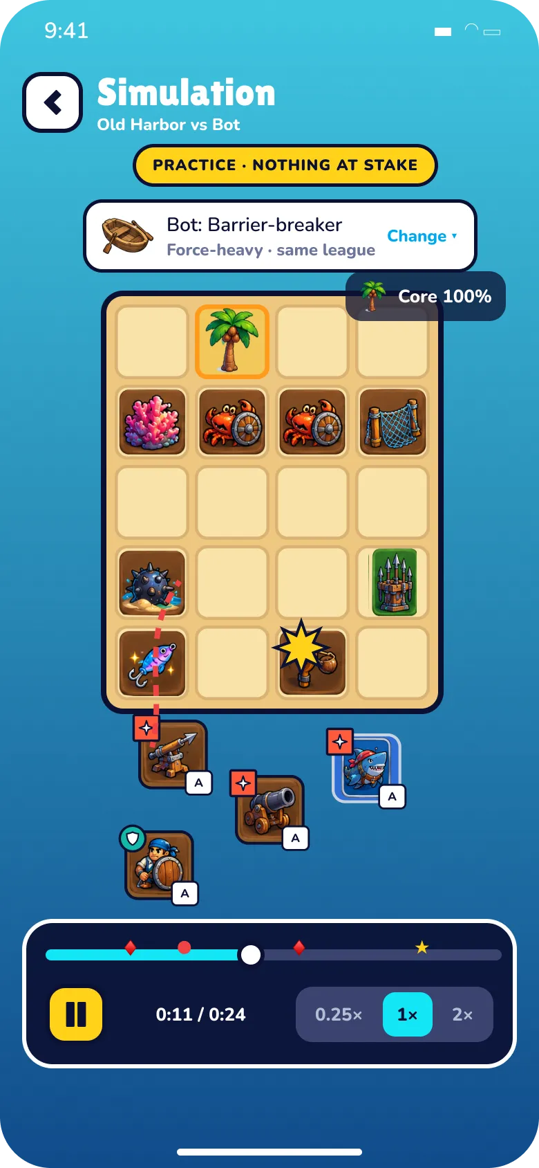 Atlas Rush screen C3 · Simulate vs bot