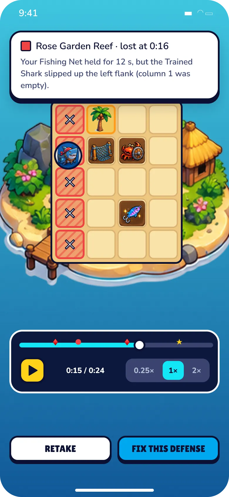 Atlas Rush screen D7 · Defense replay